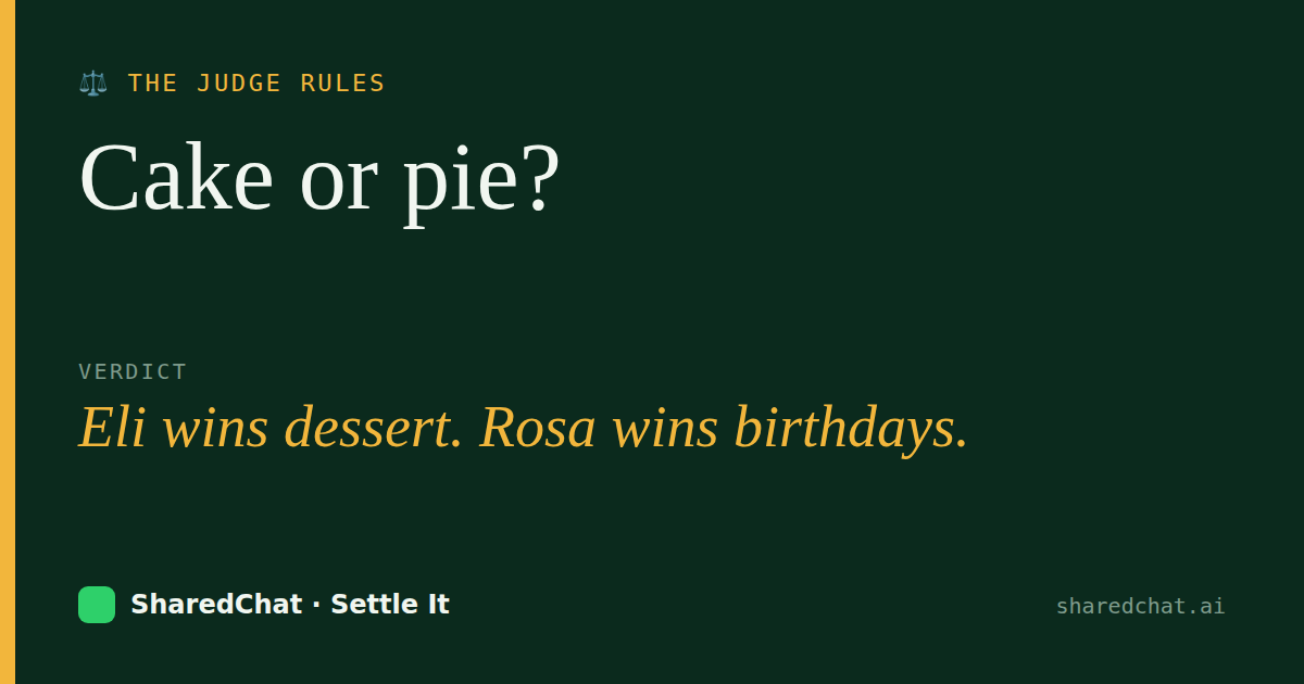 Verdict card: Cake or pie? — Eli wins dessert. Rosa wins birthdays.