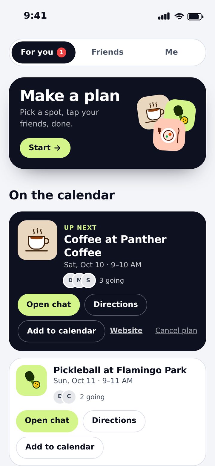 The Plans tab with a Make a plan card and upcoming plans in Miami