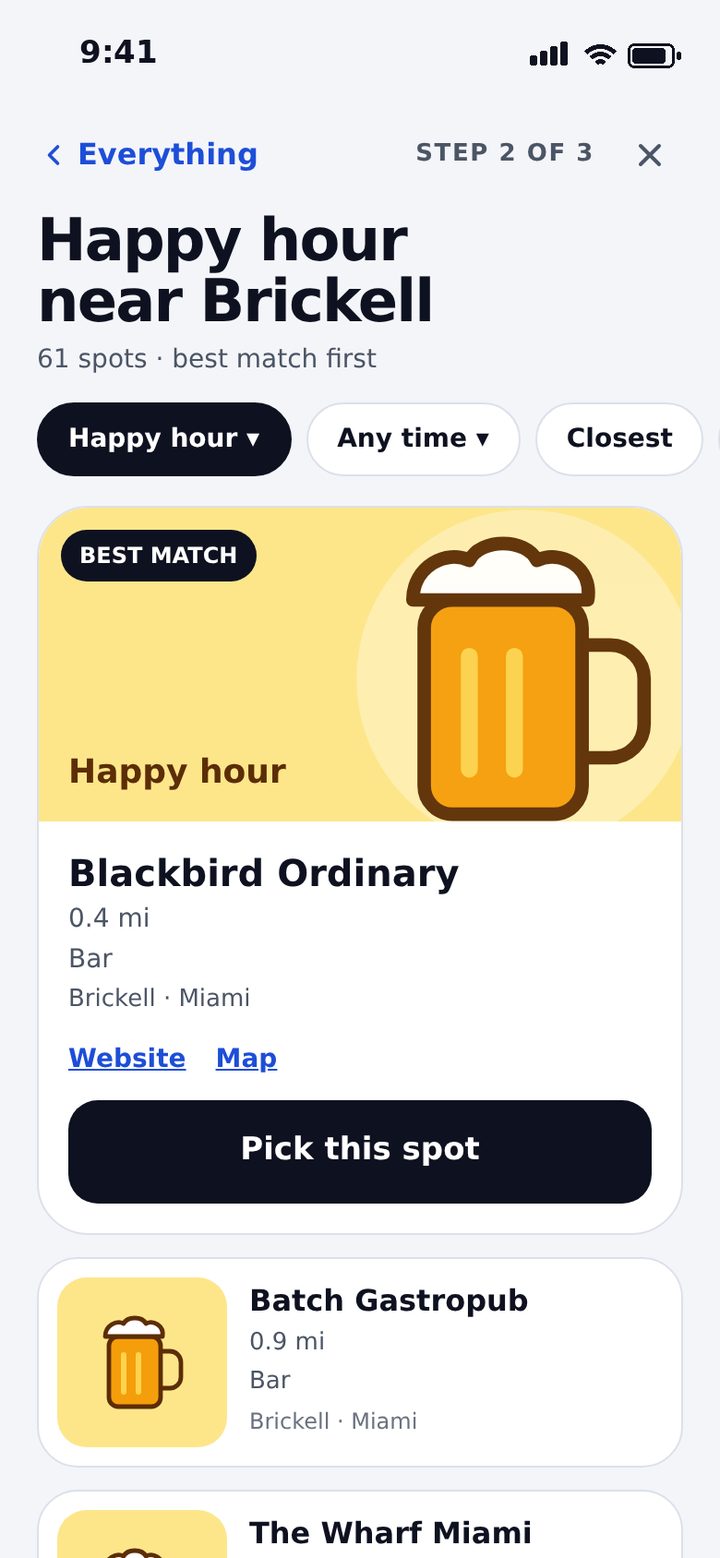 Happy hour spots near Brickell, best match first